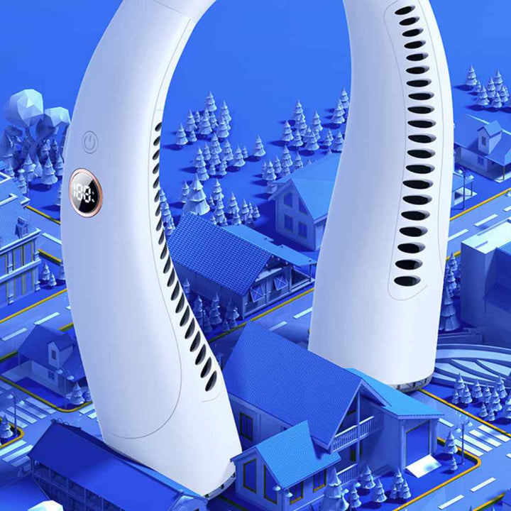 Bladeless portable neck fan, light blue and white, hands-free silent cooling with sleek design and built-in lights.