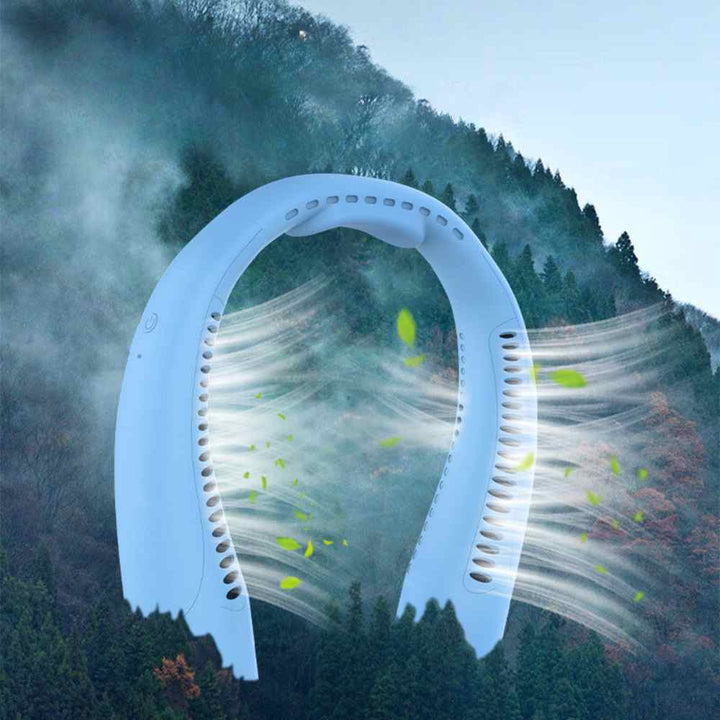 Bladeless portable neck fan, light blue and white, hands-free silent cooling with sleek design and built-in lights.