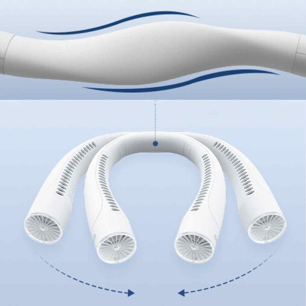 Bladeless portable neck fan, light blue and white, hands-free silent cooling with sleek design and built-in lights.
