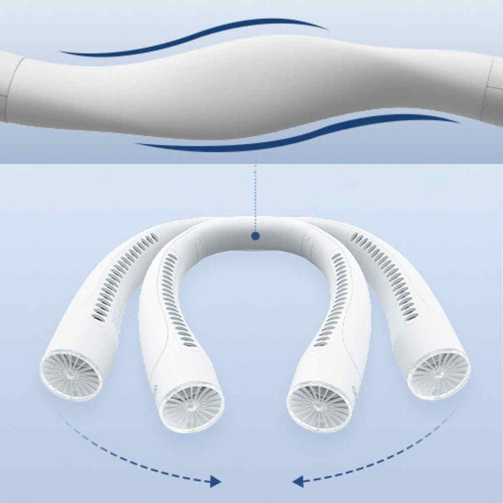 Bladeless portable neck fan, light blue and white, hands-free silent cooling with sleek design and built-in lights.