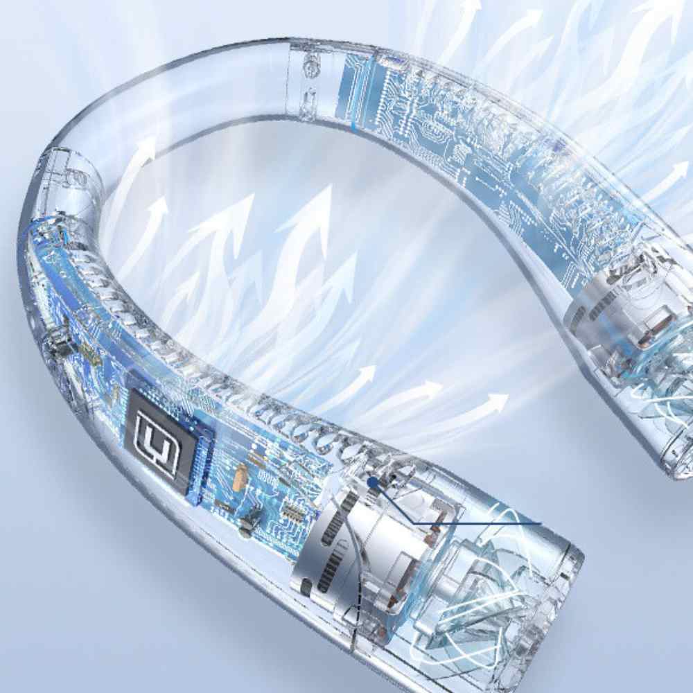 Bladeless portable neck fan, light blue and white, hands-free silent cooling with sleek design and built-in lights.