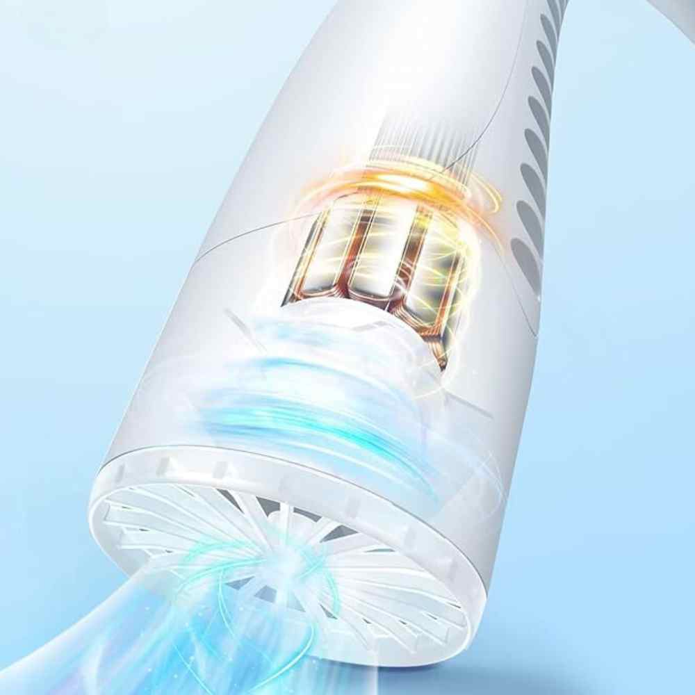 Bladeless portable neck fan, light blue and white, hands-free silent cooling with sleek design and built-in lights.