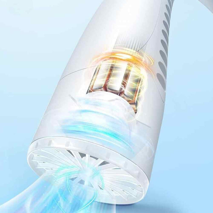 Bladeless portable neck fan, light blue and white, hands-free silent cooling with sleek design and built-in lights.