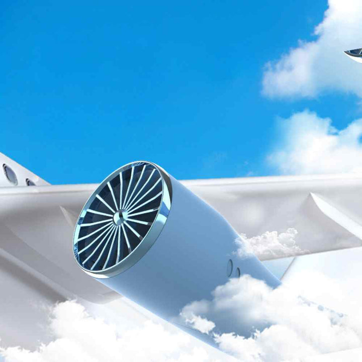 Bladeless portable neck fan, light blue and white, hands-free silent cooling with sleek design and built-in lights.