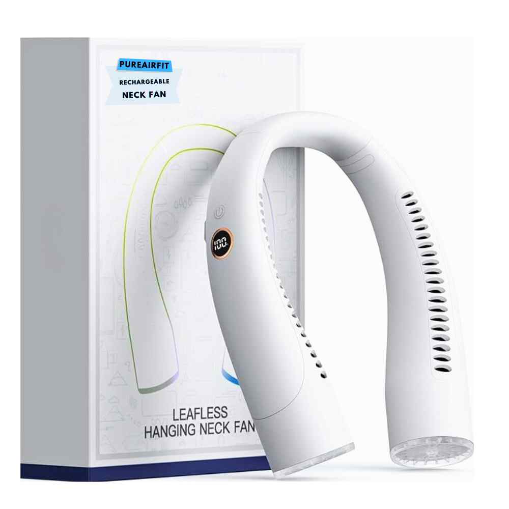 Bladeless portable neck fan, light blue and white, hands-free silent cooling with sleek design and built-in lights.