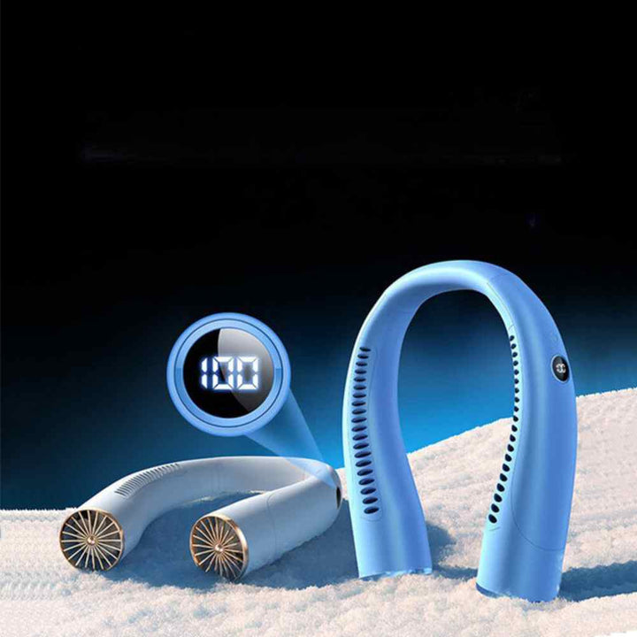 Bladeless portable neck fan, light blue and white, hands-free silent cooling with sleek design and built-in lights.
