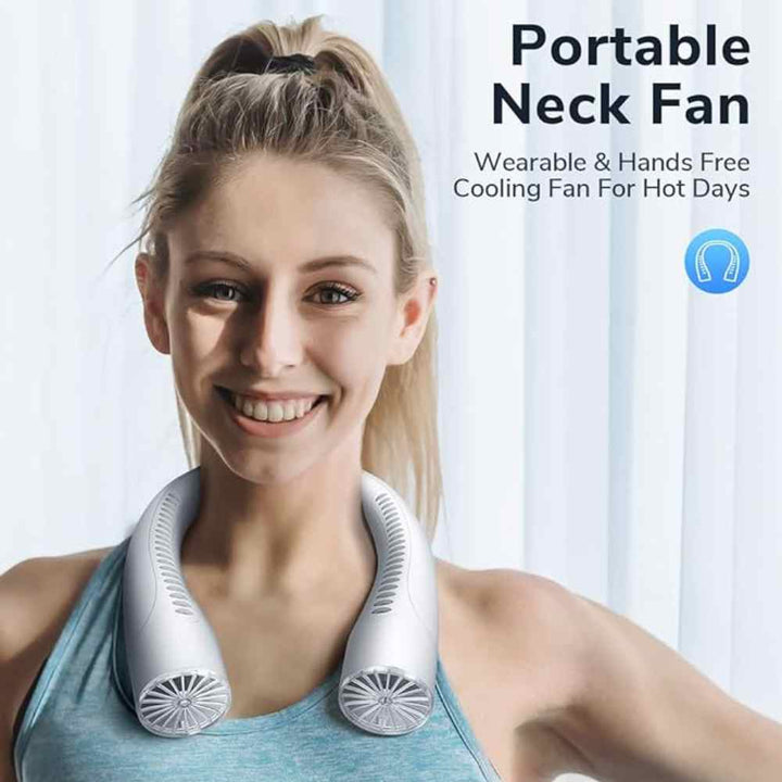Bladeless portable neck fan, light blue and white, hands-free silent cooling with sleek design and built-in lights.