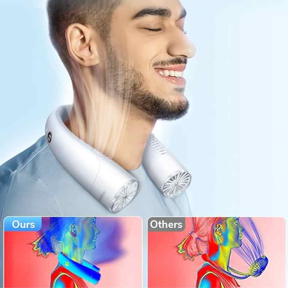 Bladeless portable neck fan, light blue and white, hands-free silent cooling with sleek design and built-in lights.