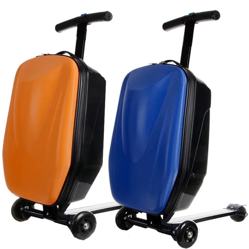 Blue kids' ride-on scooter suitcase for fun travel; perfect cabin trolley luggage for children's holidays.