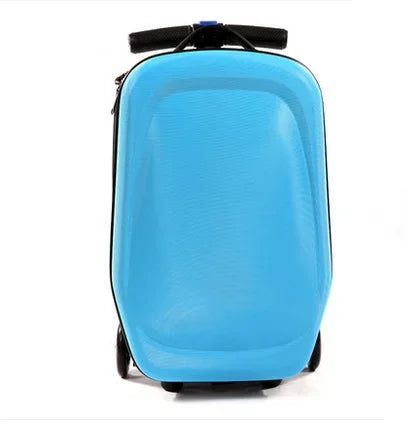 Innovative ride-on scooter suitcase for kids, a stress-free cabin trolley, ideal for family travel.