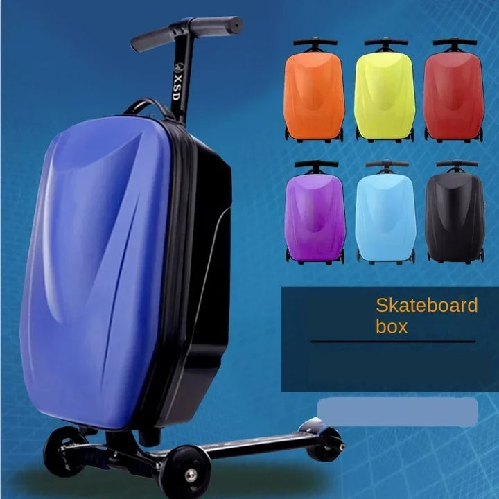 Child happily riding the foldable scooter suitcase through an airport, making travel fun for kids.