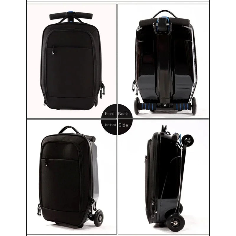Compact kids' ride-on luggage, a foldable scooter suitcase ideal as a carry-on for children's travel.