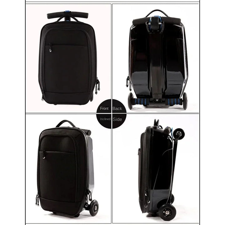 Compact kids' ride-on luggage, a foldable scooter suitcase ideal as a carry-on for children's travel.
