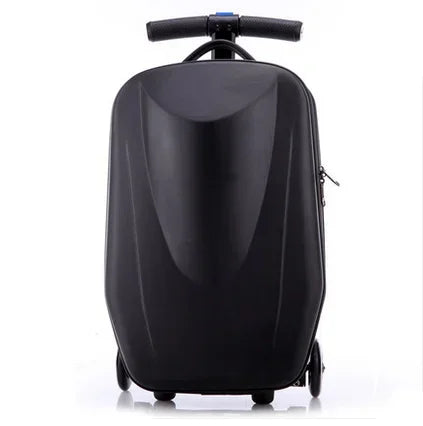 Kids' travel suitcase featuring a built-in ride-on scooter, transforming airport waits into children's play.