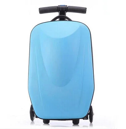 Bright blue ride-on scooter suitcase, making children's journeys effortless and exciting fun travel luggage.