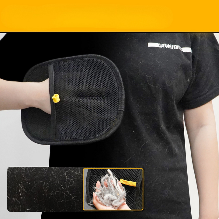 "Blue pet hair removal glove on a hand, designed for easy cleaning, suitable for men and women, eco-friendly, reusable."