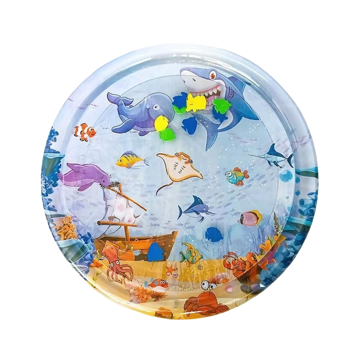 "Blue pet sensory water mat with fish design, providing cooling for pets during playtime and hot days, made from durable ABS.