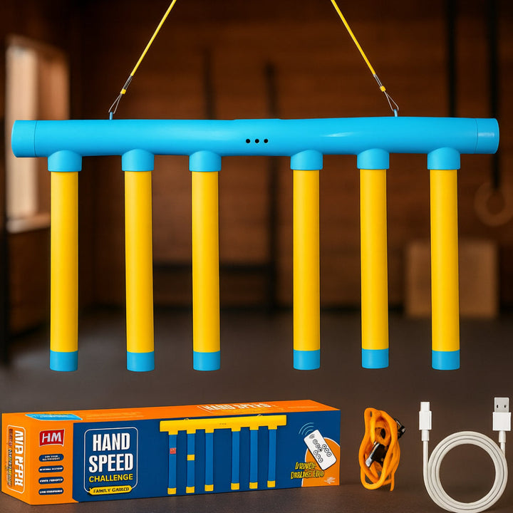 Blue & yellow Kids' Reflex Reaction Game Trainer. Falling Stick Challenge for hand-eye coordination.