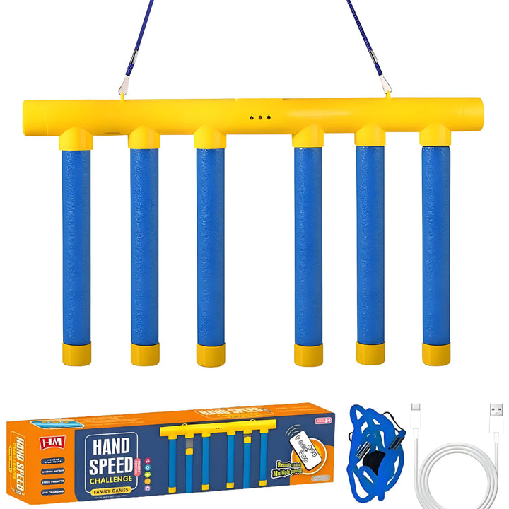 Engaging kids' game: Falling Stick Challenge for hand-eye coordination & reflex training. Blue/yellow design.