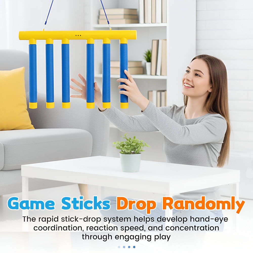 Children's falling stick game. Fun reaction challenge to boost reflexes & cognitive skills, blue/yellow.