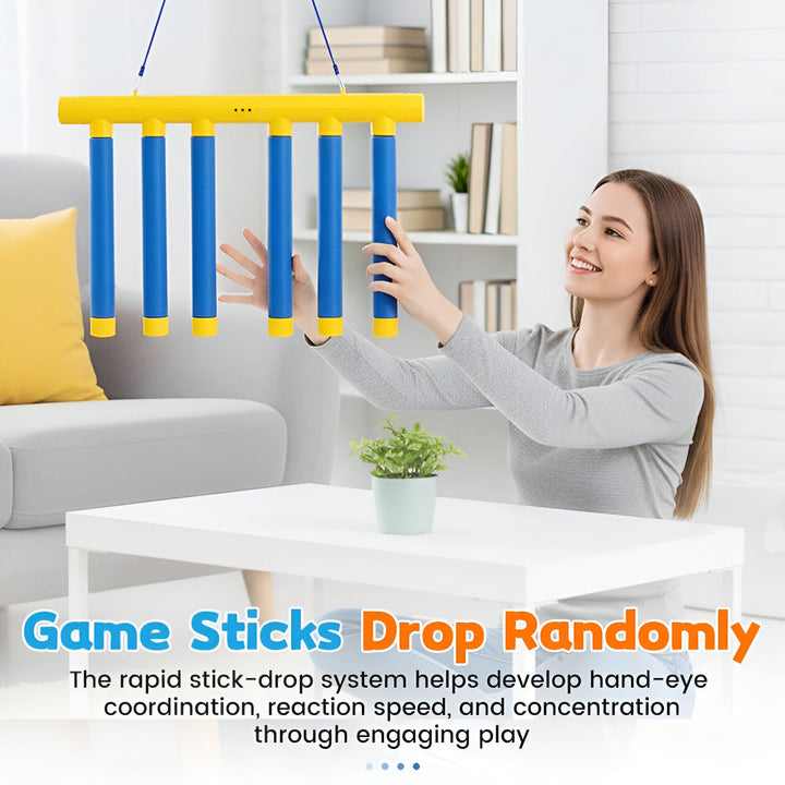 Children's falling stick game. Fun reaction challenge to boost reflexes & cognitive skills, blue/yellow.