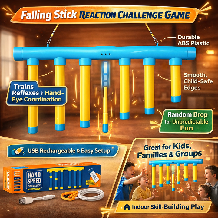 Educational falling stick game for kids. Develops hand-eye coordination & quick reflexes, blue/yellow toy.