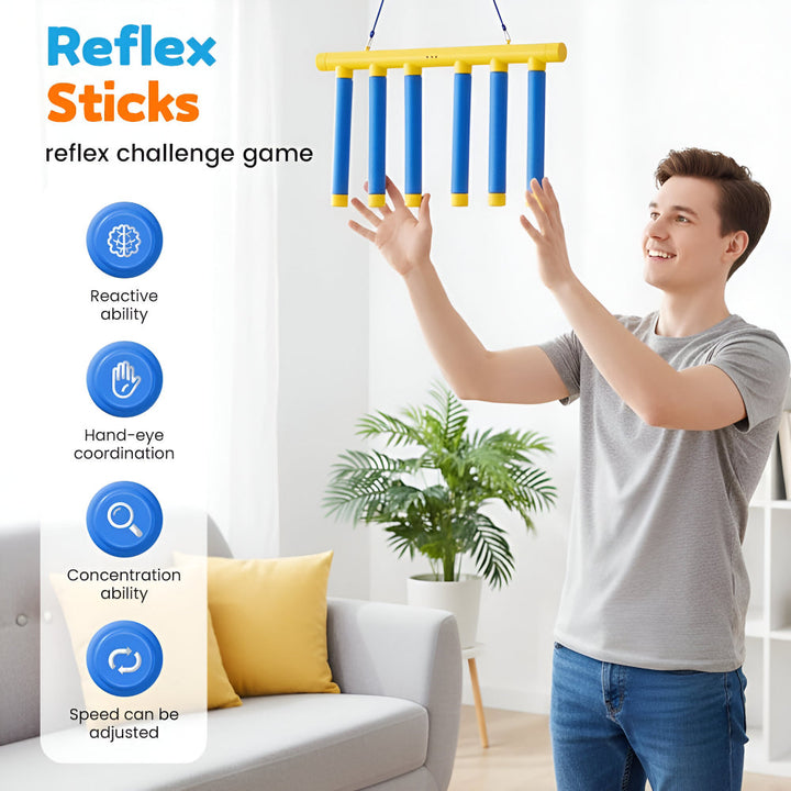 Family fun reaction game: Blue & yellow Falling Stick Challenge. Great for kids' indoor play & skill building.