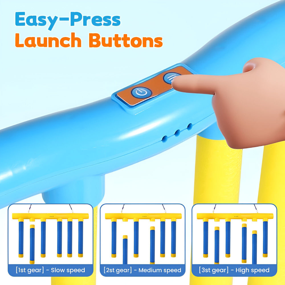 Bright blue & yellow falling stick reflex game. Kids' hand-eye coordination challenge for active play.