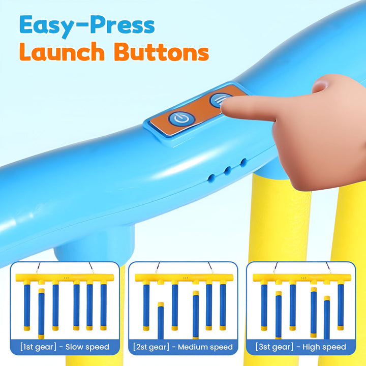 Bright blue & yellow falling stick reflex game. Kids' hand-eye coordination challenge for active play.