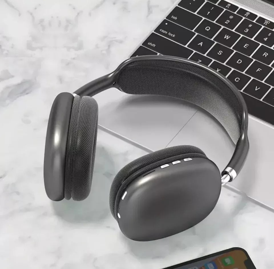 "Bluetooth headphones with HiFi stereo, noise cancelling, over-ear design, soft cushioning, and sleek black finish."