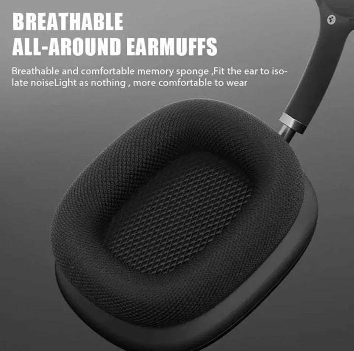 "Bluetooth headphones with HiFi stereo, noise cancelling, over-ear design, soft cushioning, and sleek black finish."