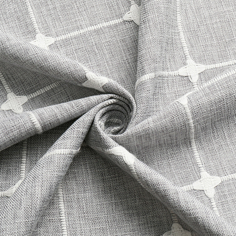 "Bohemian farmhouse waterproof linen shower curtain with decorative tassels, shown in a warm beige plaid pattern."