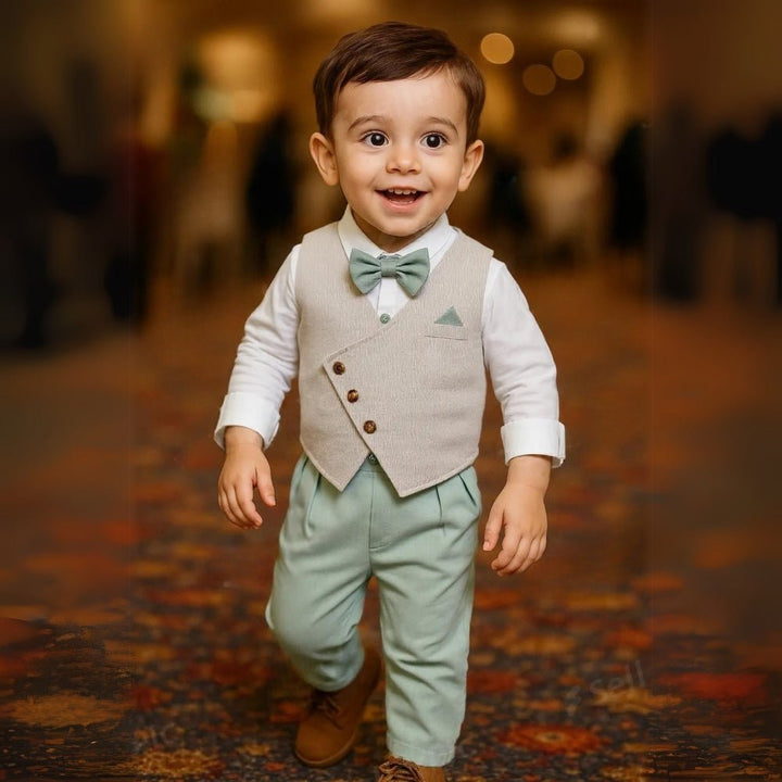 Boys' 3-piece formal suit with bow tie for weddings, parties & special occasions. Gentleman kids' attire.