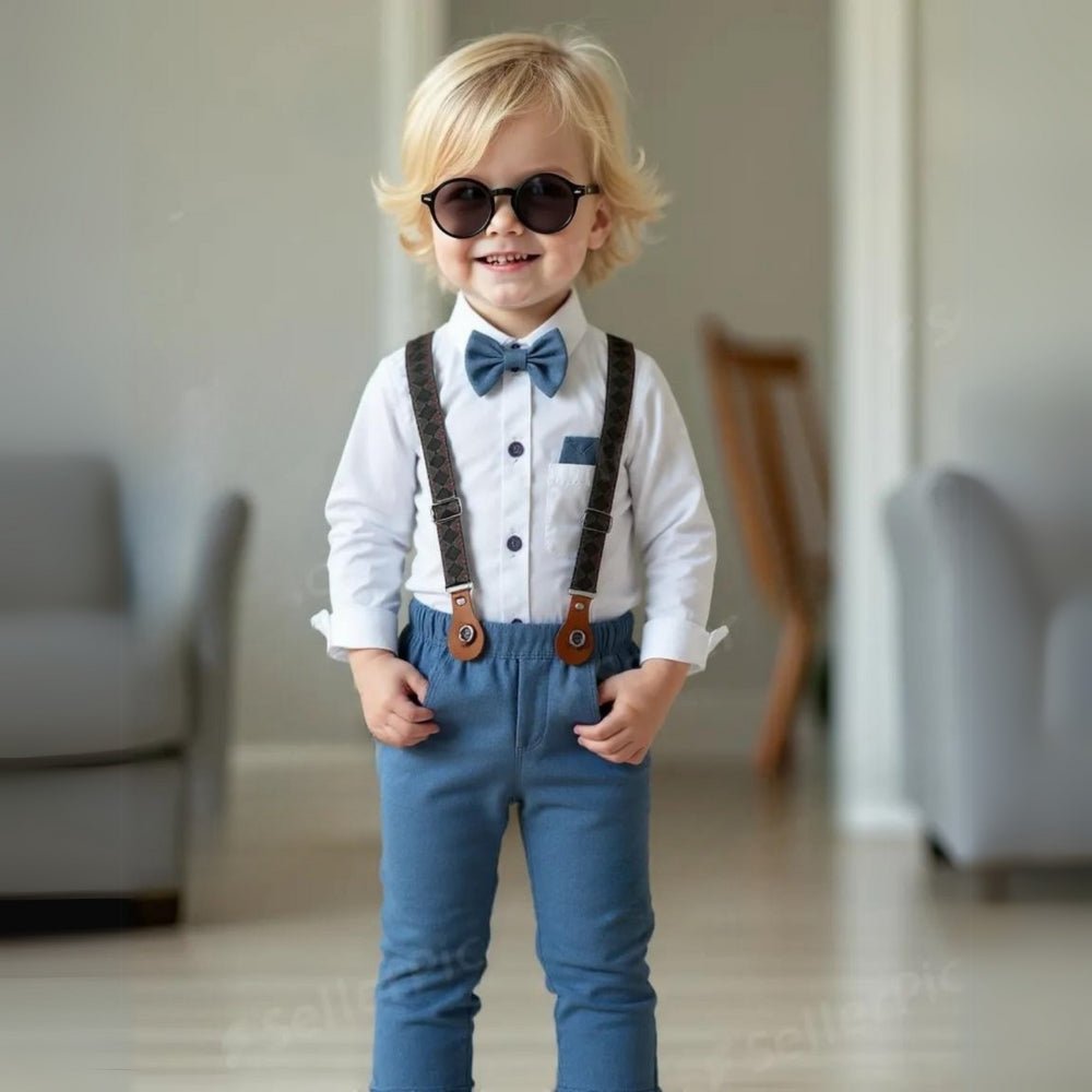 Junior boys' 3-piece formal suit set: jacket, waistcoat, trousers & bow tie. Perfect for stylish young gentlemen.
