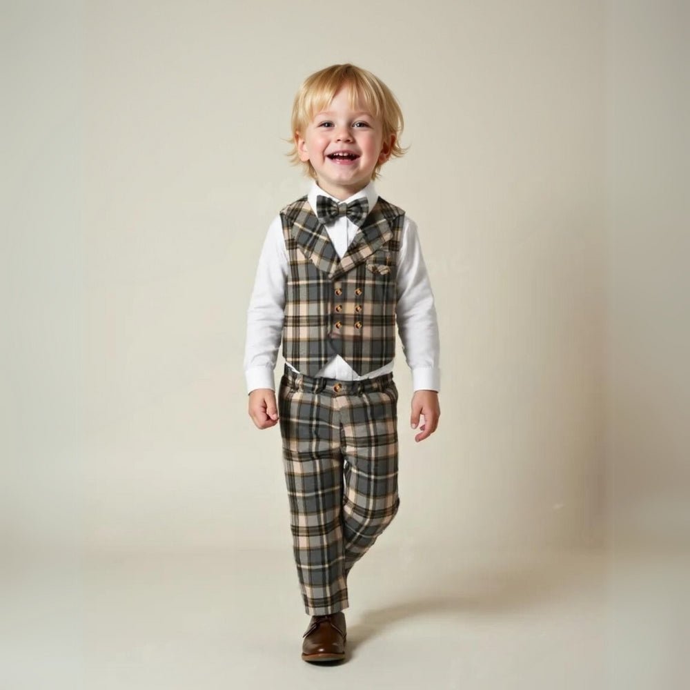 Toddler & young boys' 3-piece suit with bow tie. Ideal formal wear for weddings, holidays & children's parties.