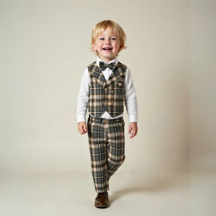 Toddler & young boys' 3-piece suit with bow tie. Ideal formal wear for weddings, holidays & children's parties.