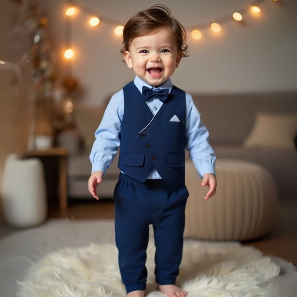 Elegant boys' 3-piece gentleman suit with waistcoat & bow tie. Premium formal attire for kids' special events.