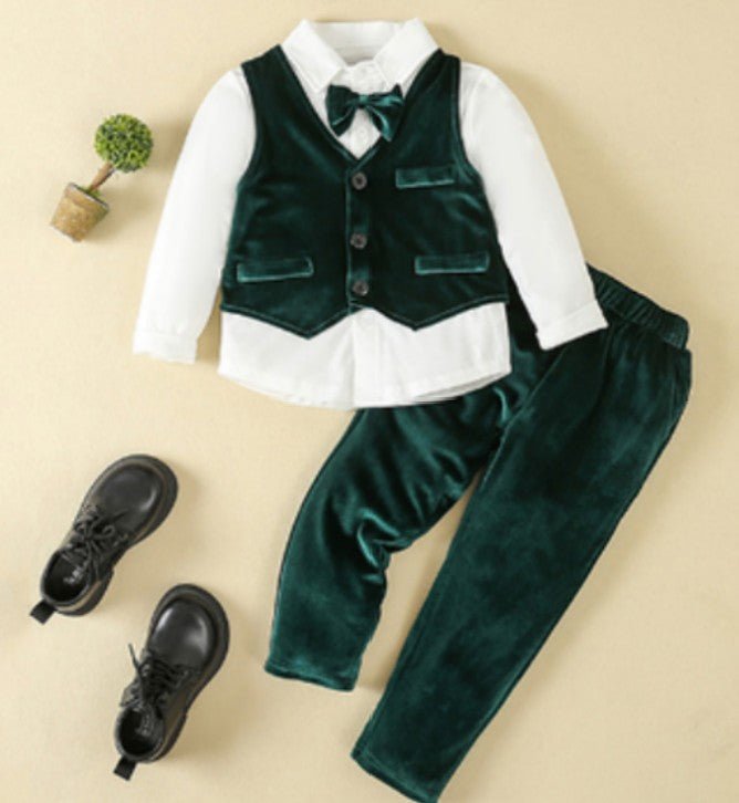 Classic boys' junior 3-piece formal suit set with bow tie. Perfect for special occasions & wedding guest attire.