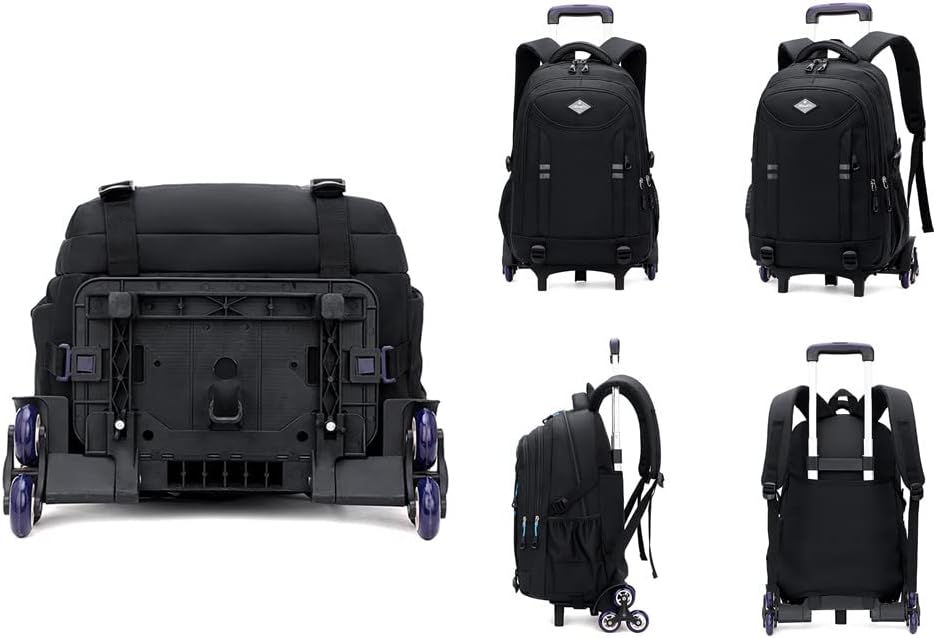Durable boys' rolling school backpack; multi-pocket design, convertible trolley for easy travel & school use.