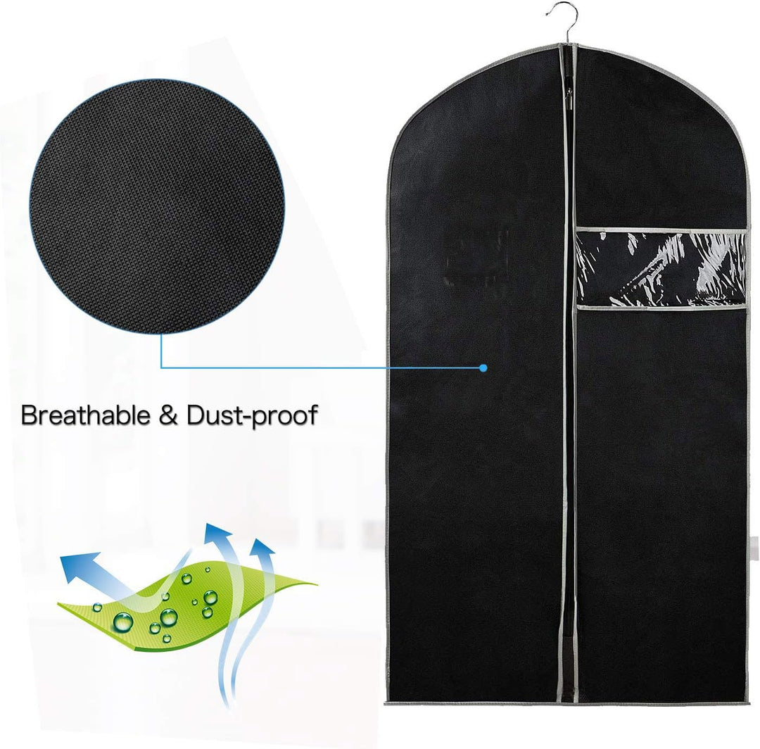 Hanging garment covers with clear window for organized, dust-free clothing storage & closet protection.