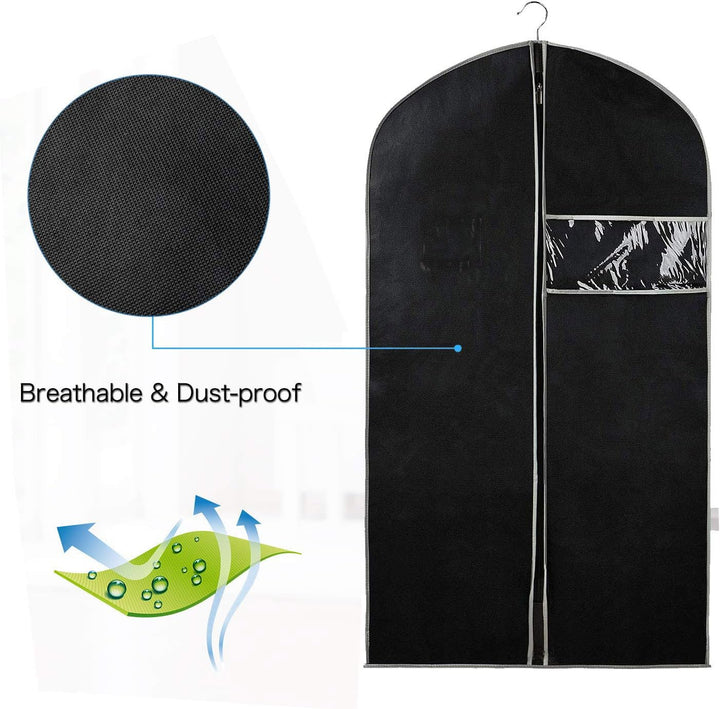 Hanging garment covers with clear window for organized, dust-free clothing storage & closet protection.