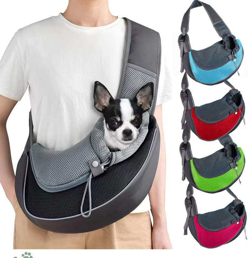 "Breathable pet carrier shoulder bag, grey with padded strap, for small dogs and cats, perfect for travel and comfort."