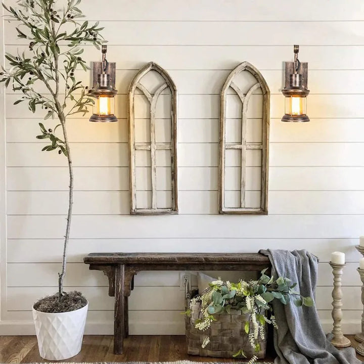 Bronze vintage industrial wall sconce lamp with oil-bronze finish and glass shade, perfect for living room lighting.