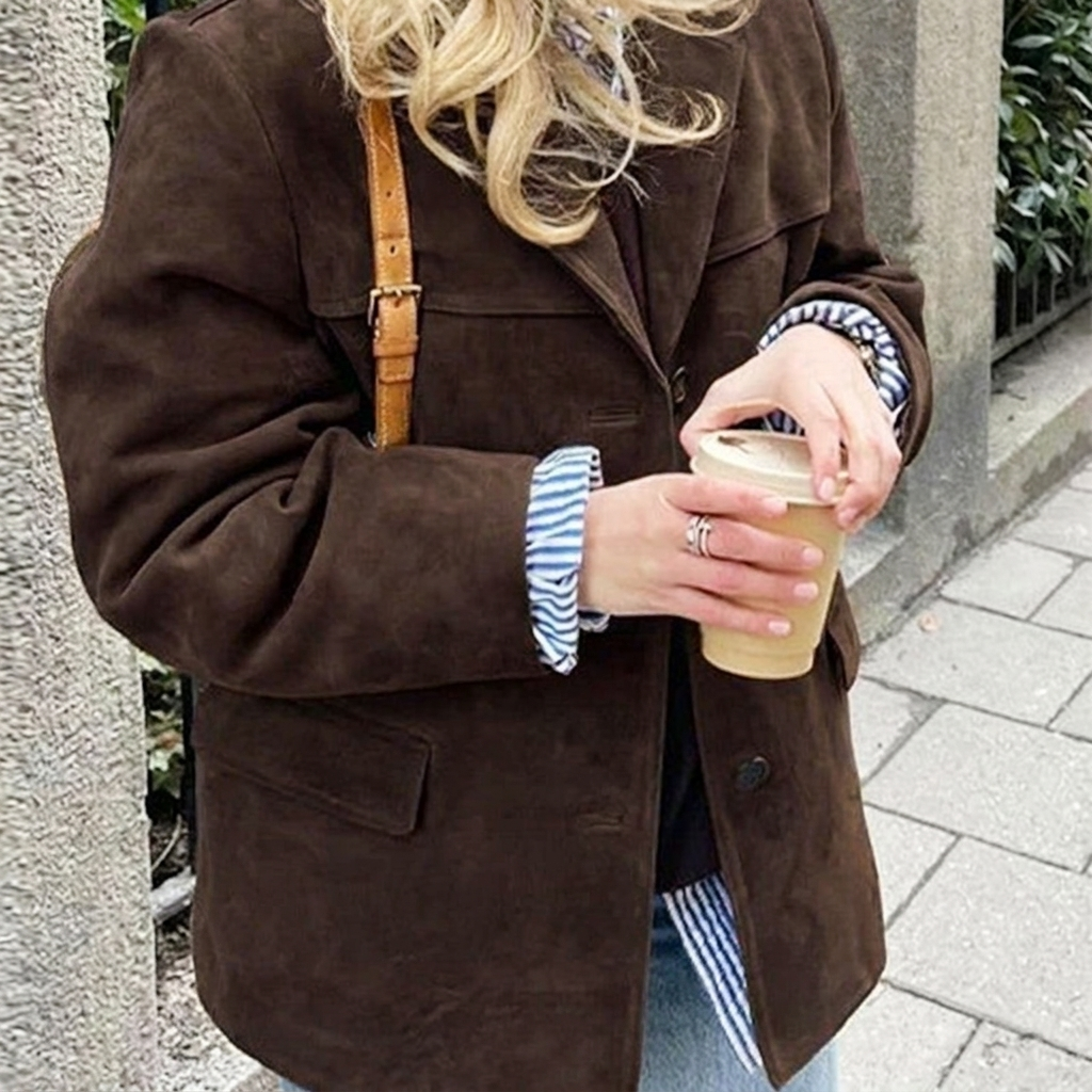 Women's oversized brown blazer featuring notched lapel, button front. Ideal for workwear or casual chic.