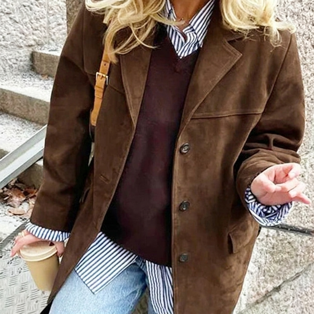 Stylish women's brown oversized blazer. Notched lapel, button front. Great workwear or casual chic fashion jacket.