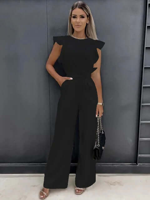 Women's Wide-Leg Jumpsuit with Ruffled Sleeves