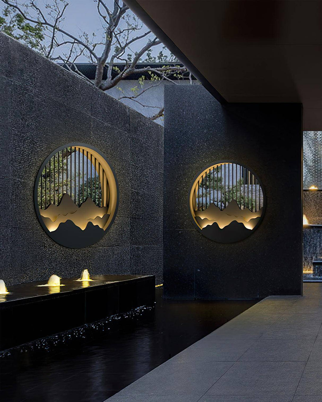 Outdoor LED Wall Light with Circular Mountain Motif