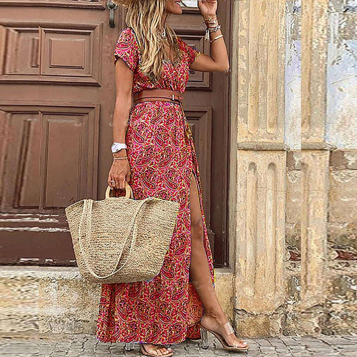 Boho Maxi Dress with V-Neck and Side Slit