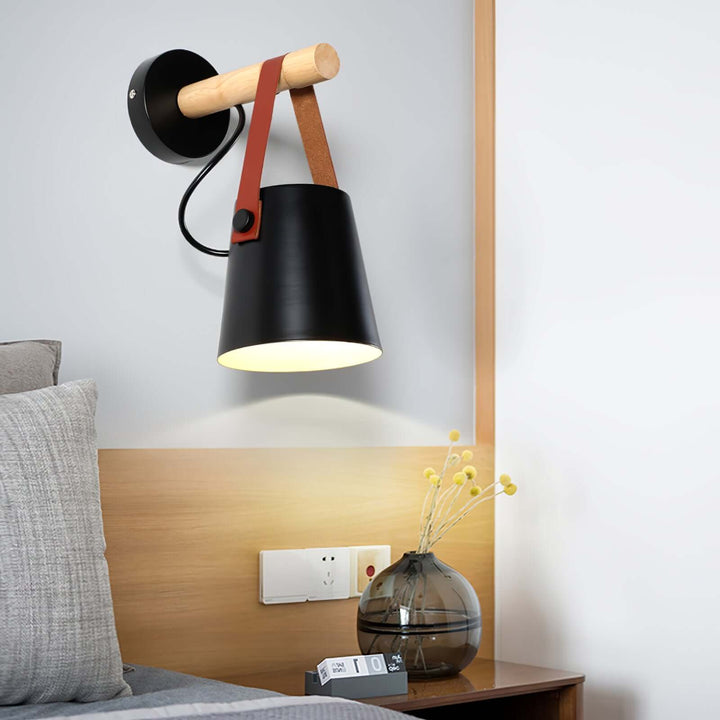 Conical Wooden Wall Light with Leather Strap