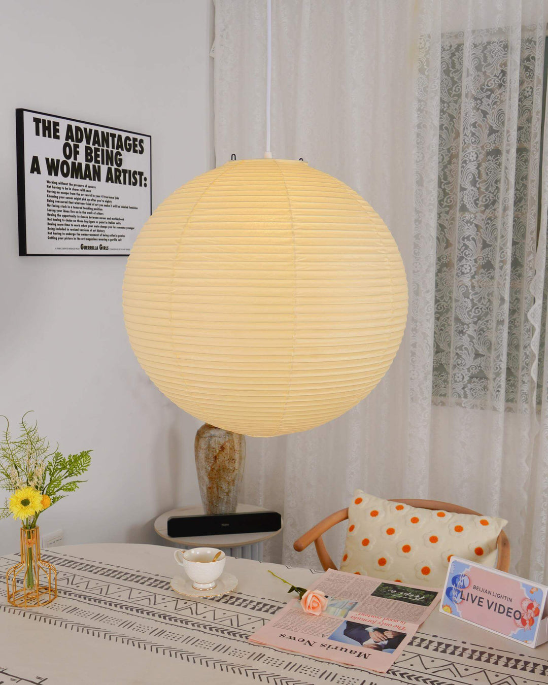 Japanese Cotton Paper Pendant Lamp with Steel Wire